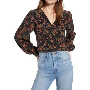 Something‎ Navy V Neck Floral Navy Blouse Small